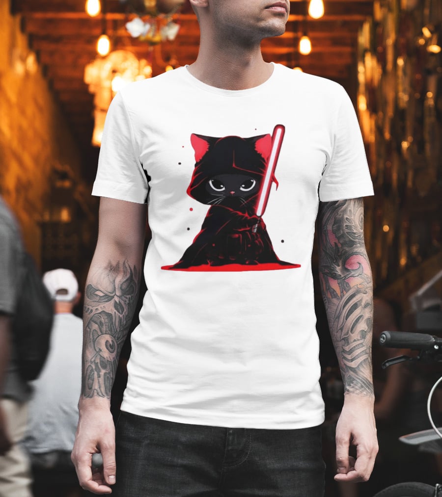 Black Cat Sith With Red Lightsaber Cloaked In Darkness T-Shirt