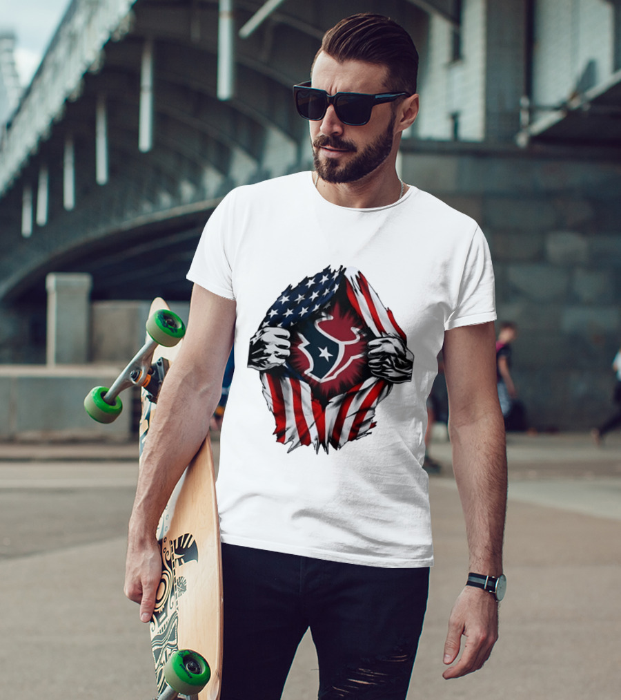 Houston Texans American Flag Ripped Chest NFL Fan T-Shirt