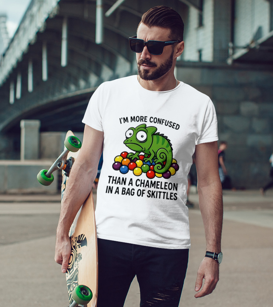 I'm More Confused Than A Chameleon In A Bag Of Skittles Colorful Chameleon And Candy Humor T-Shirt