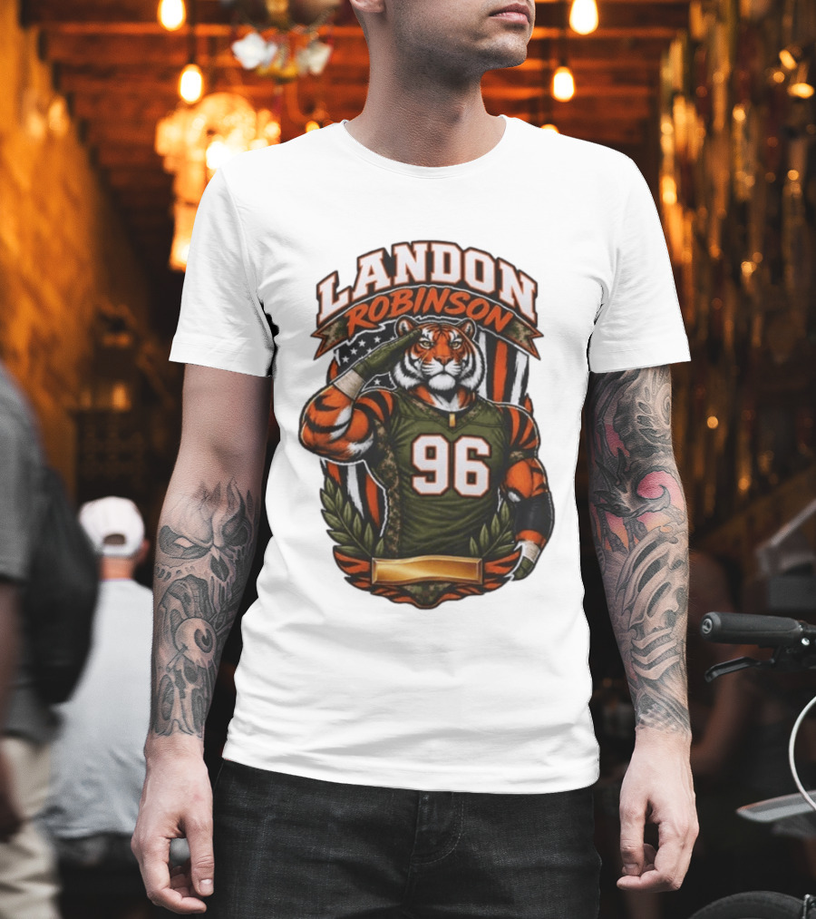Landon Robinson 96 Tiger American Flag Salute T-Shirt