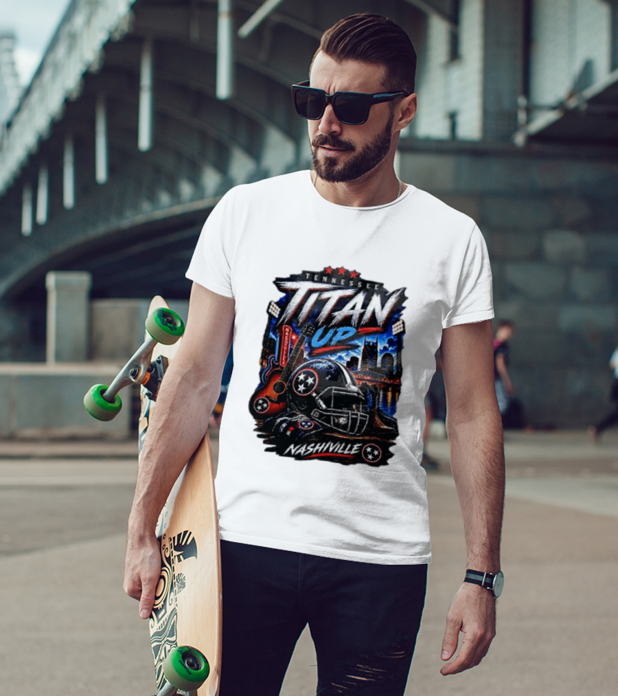 Tennessee Titan Up Football Helmet Guitar Nashville Skyline Titans T-Shirt