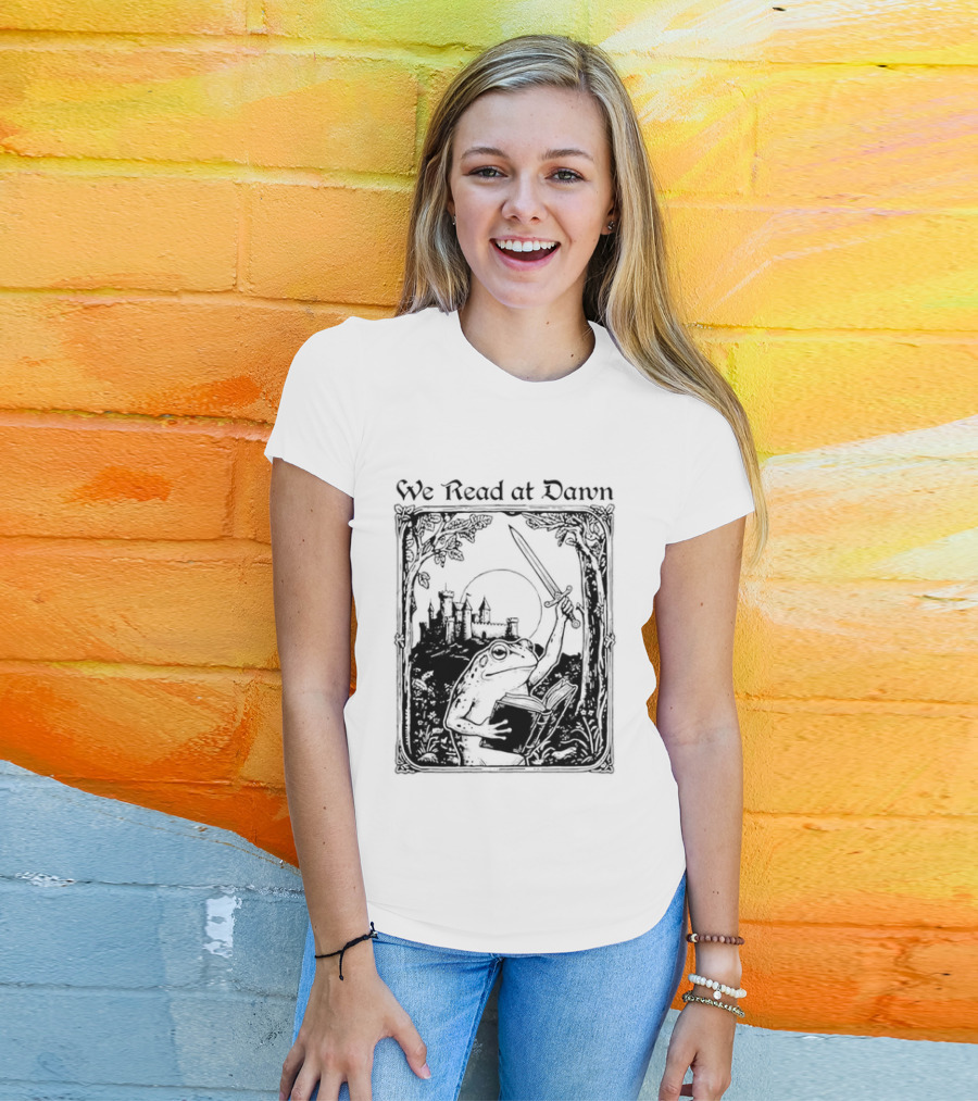 We Read At Dawn Frog Holding Sword And Book In Enchanted Forest T-Shirt
