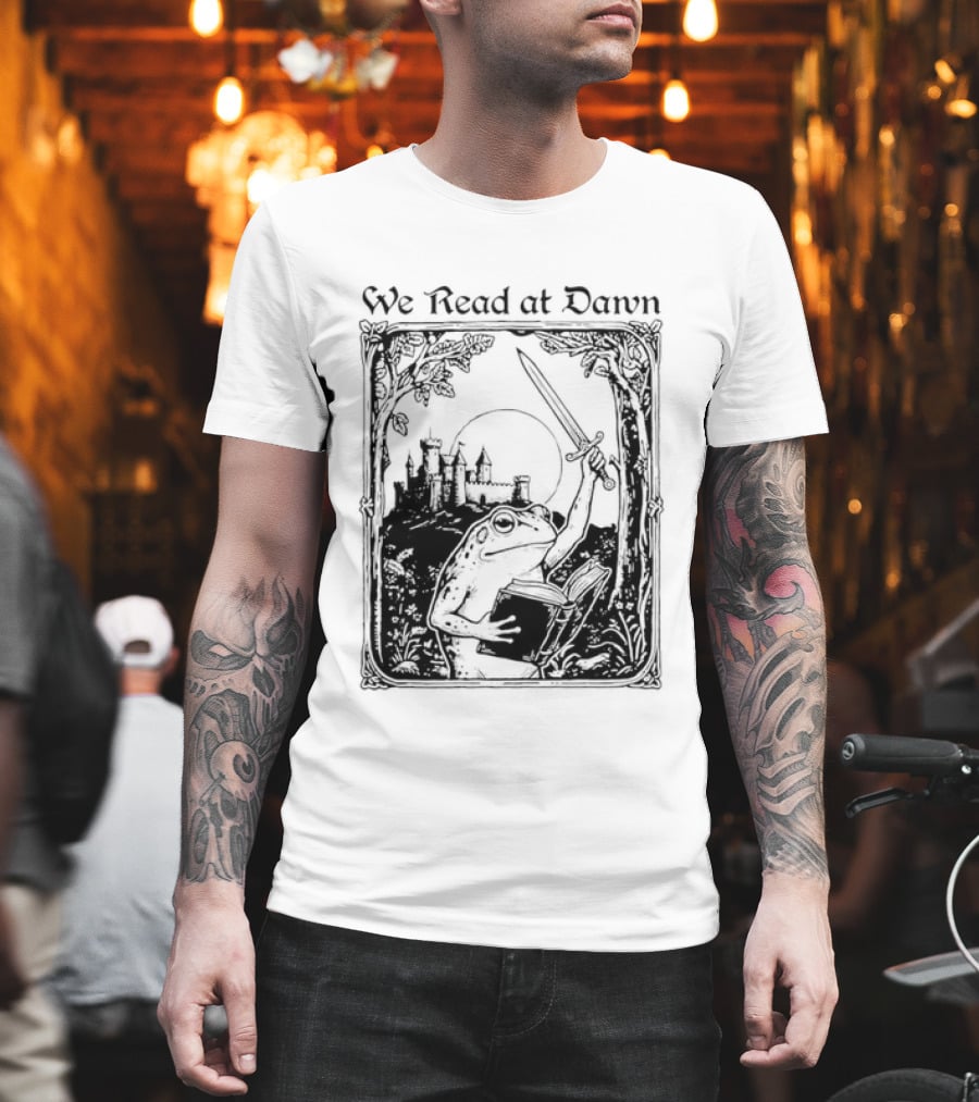 We Read At Dawn Frog Holding Sword And Book In Enchanted Forest T-Shirt