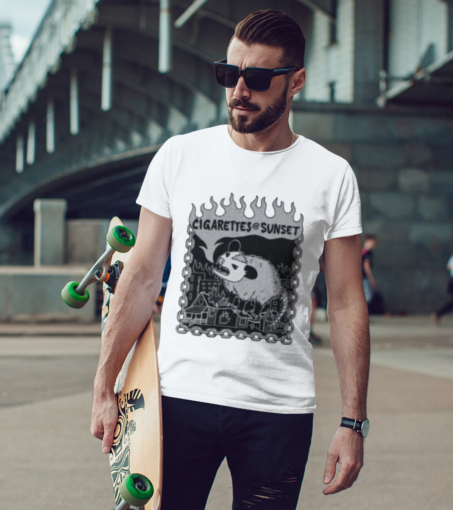 Cigarettes At Sunset OG Possum In Fiery Cityscape With Chains T-Shirt
