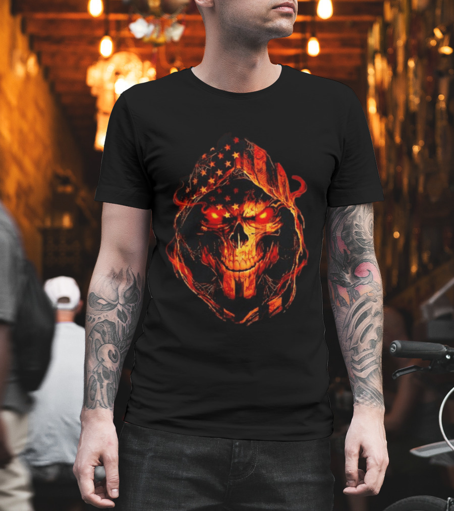 American Flag Skull Grim Reaper With Glowing Red Eyes T-Shirt