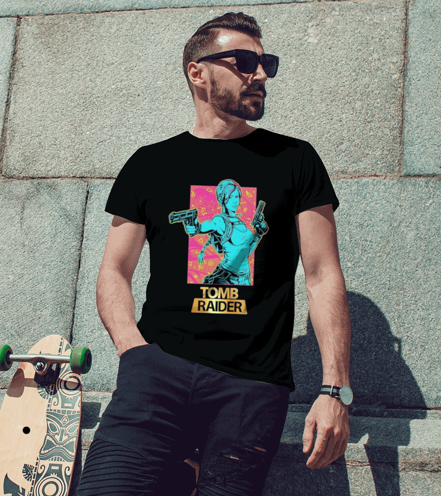 Tomb Raider Lara Croft Neon Halftone Dual Pistols T-Shirt
