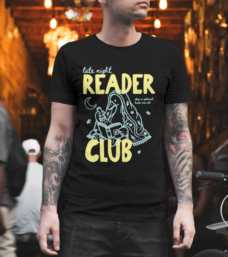 Late Night Reader Club Penguin Reading Moon Stars Sleep Is Optional Books Are Not T-Shirt