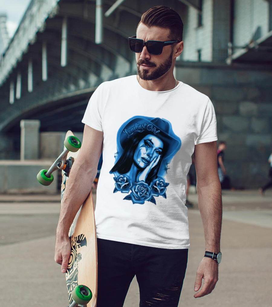 Loneliest Girl Airbrush Cowgirl In Blue With Roses T-Shirt