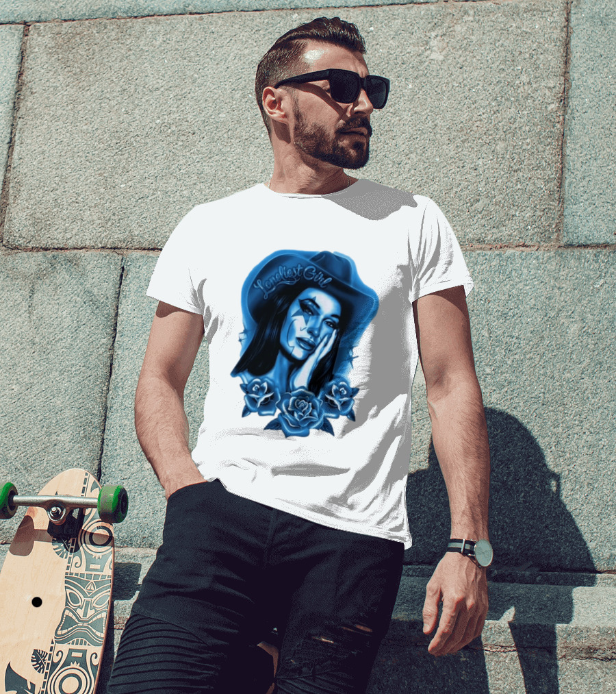 Loneliest Girl Airbrush Cowgirl In Blue With Roses T-Shirt