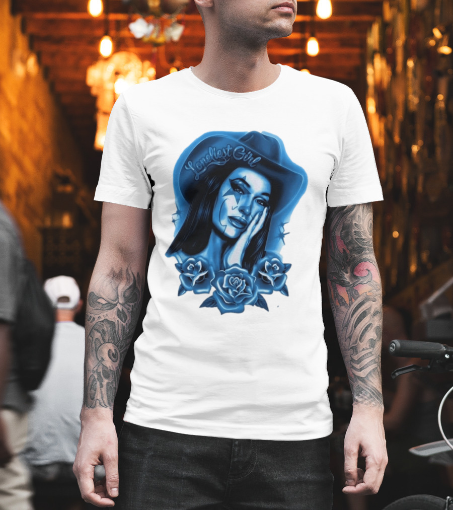 Loneliest Girl Airbrush Cowgirl In Blue With Roses T-Shirt