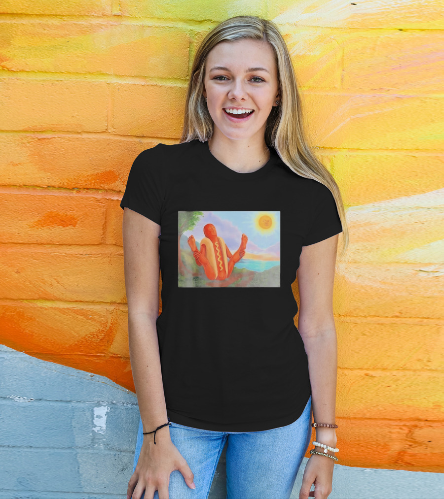 Surreal Hot Dog Doing Yoga At Sunrise With Smiling Sun T-Shirt