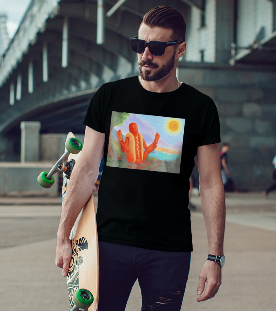 Surreal Hot Dog Doing Yoga At Sunrise With Smiling Sun T-Shirt