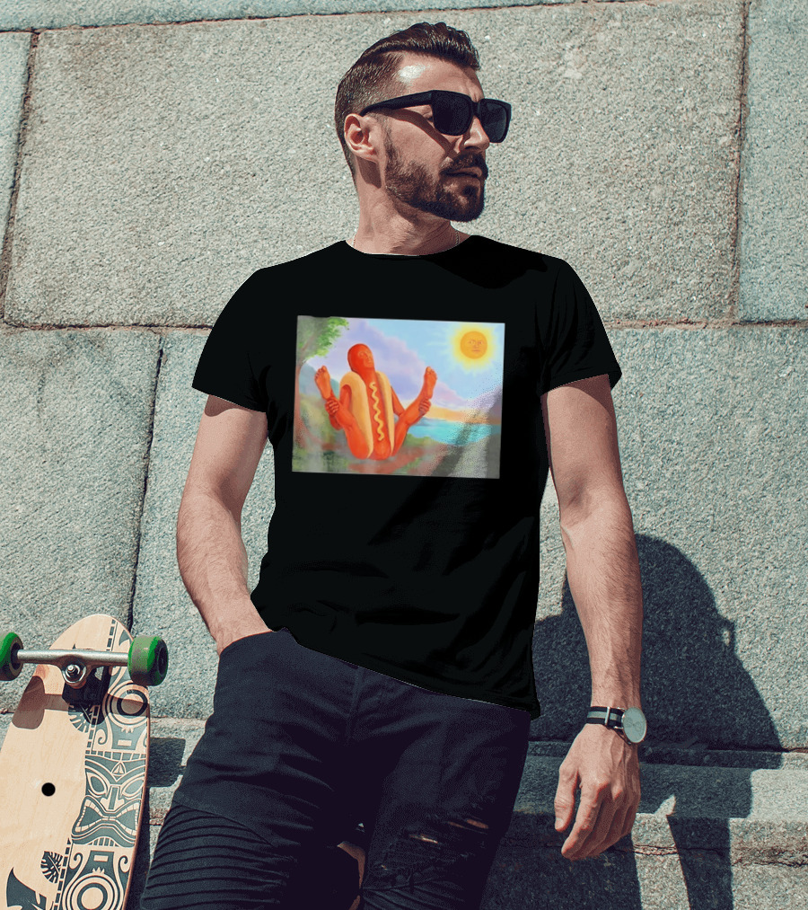 Surreal Hot Dog Doing Yoga At Sunrise With Smiling Sun T-Shirt