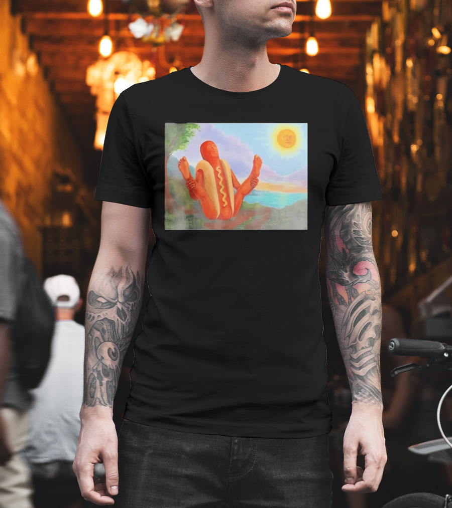 Surreal Hot Dog Doing Yoga At Sunrise With Smiling Sun T-Shirt