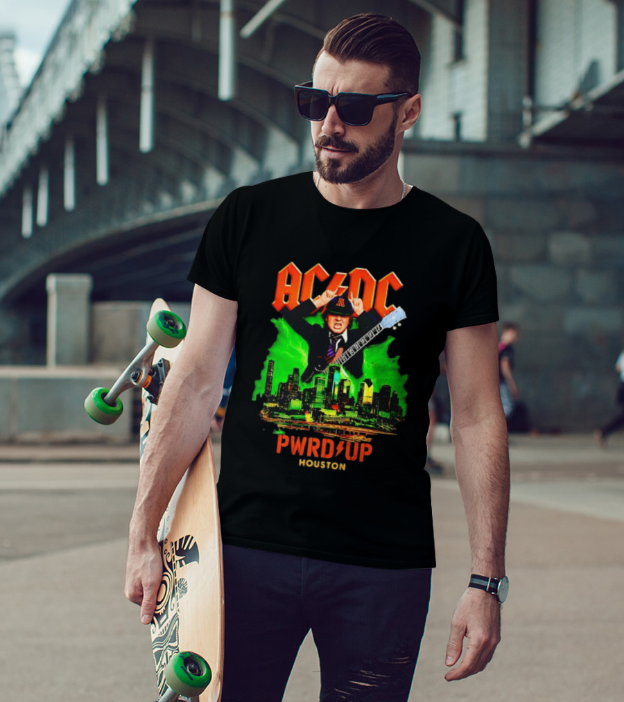 AC DC Angus Young Pwr Up Houston Hard Rock Skyline Electric Guitar T-Shirt