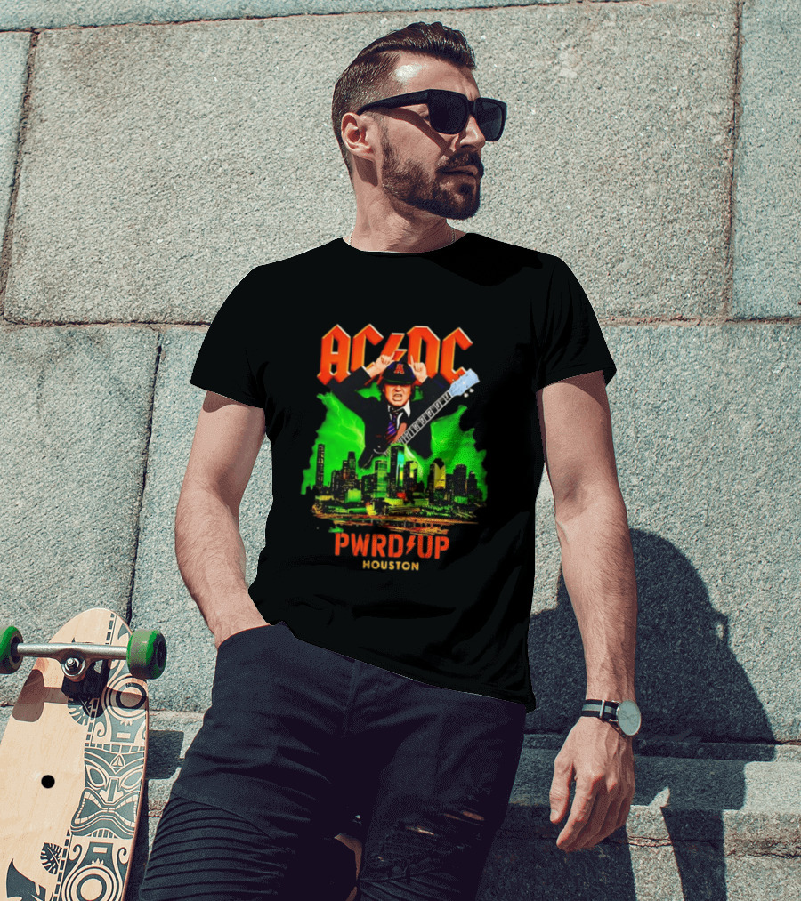 AC DC Angus Young Pwr Up Houston Hard Rock Skyline Electric Guitar T-Shirt