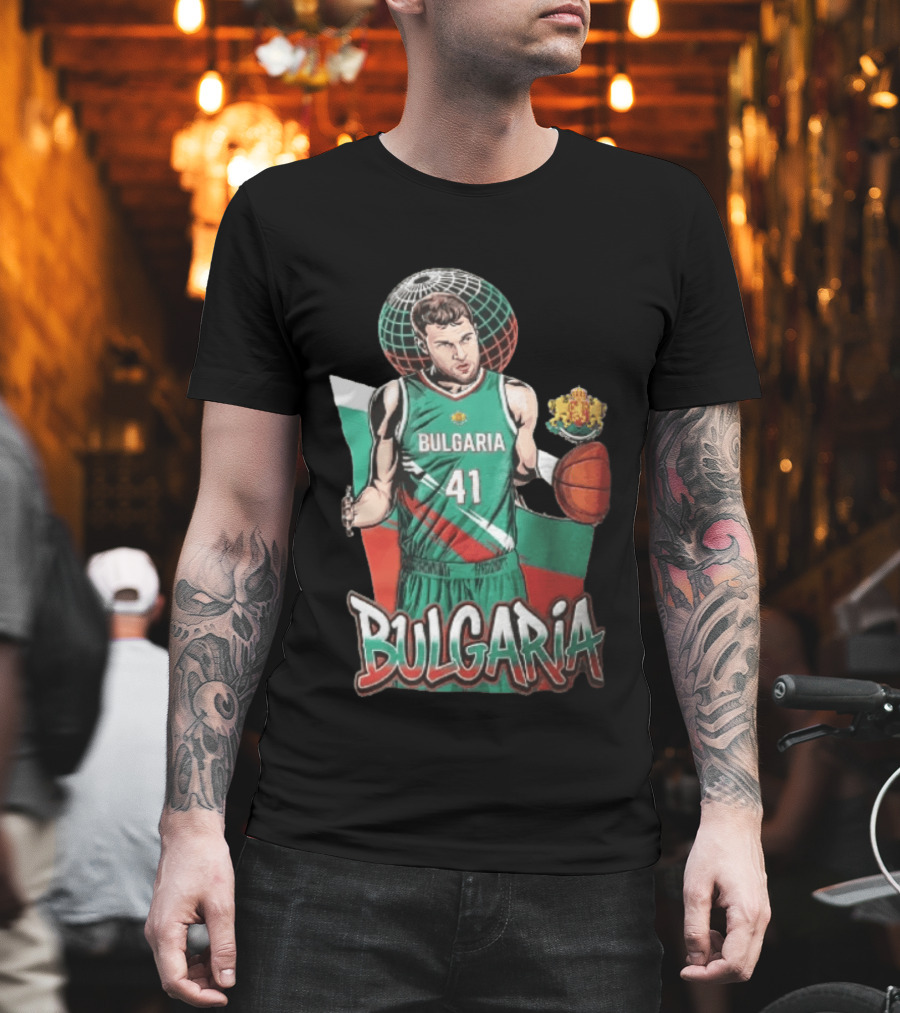 Bulgaria 41 Basketball Player Caricature Holding Ball Globe T-Shirt