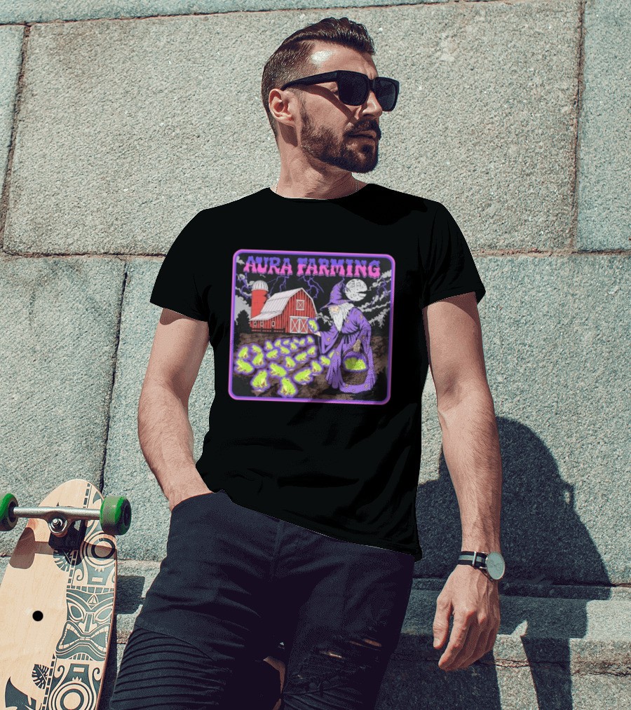 Aura Farming Moonlit Sorcerer Harvests Glowing Frogs Barn Wizard Magic T-Shirt