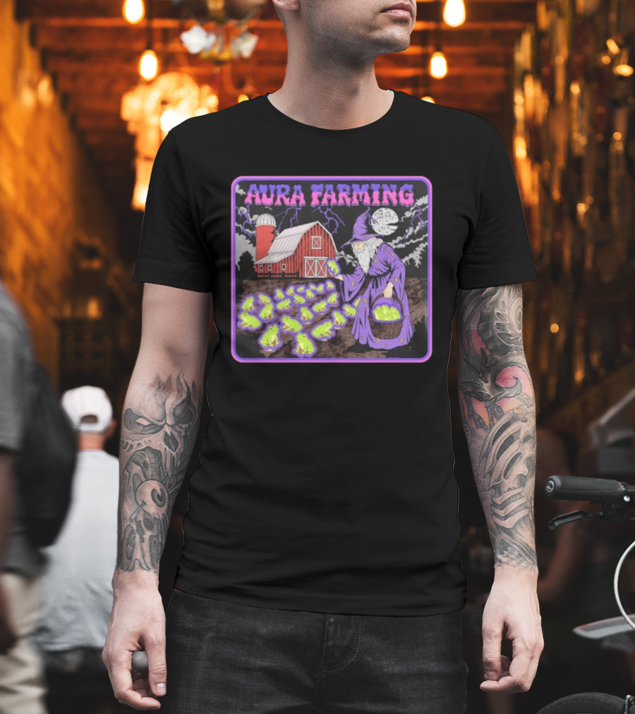Aura Farming Moonlit Sorcerer Harvests Glowing Frogs Barn Wizard Magic T-Shirt