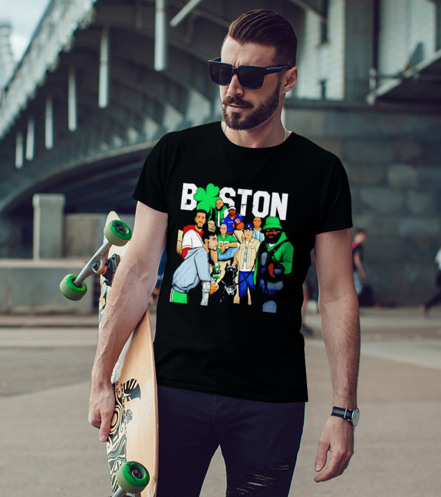 Boston Green Clover Sports Fan Characters Distressed Look T-Shirt