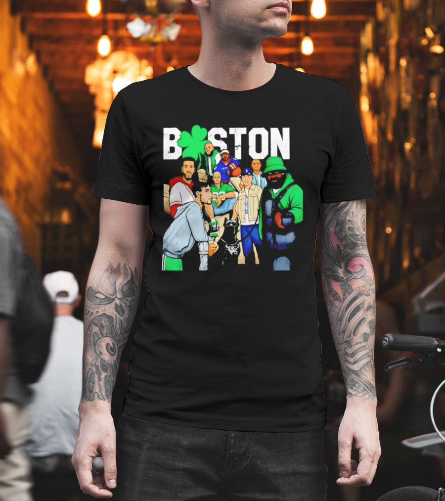 Boston Green Clover Sports Fan Characters Distressed Look T-Shirt