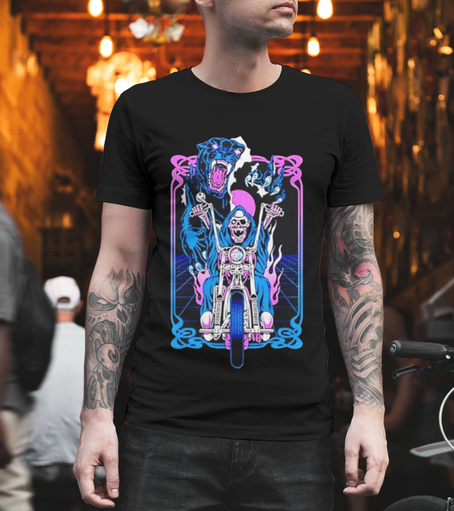 Grim Reaper Motorcycle Panther Retro Neon T-Shirt