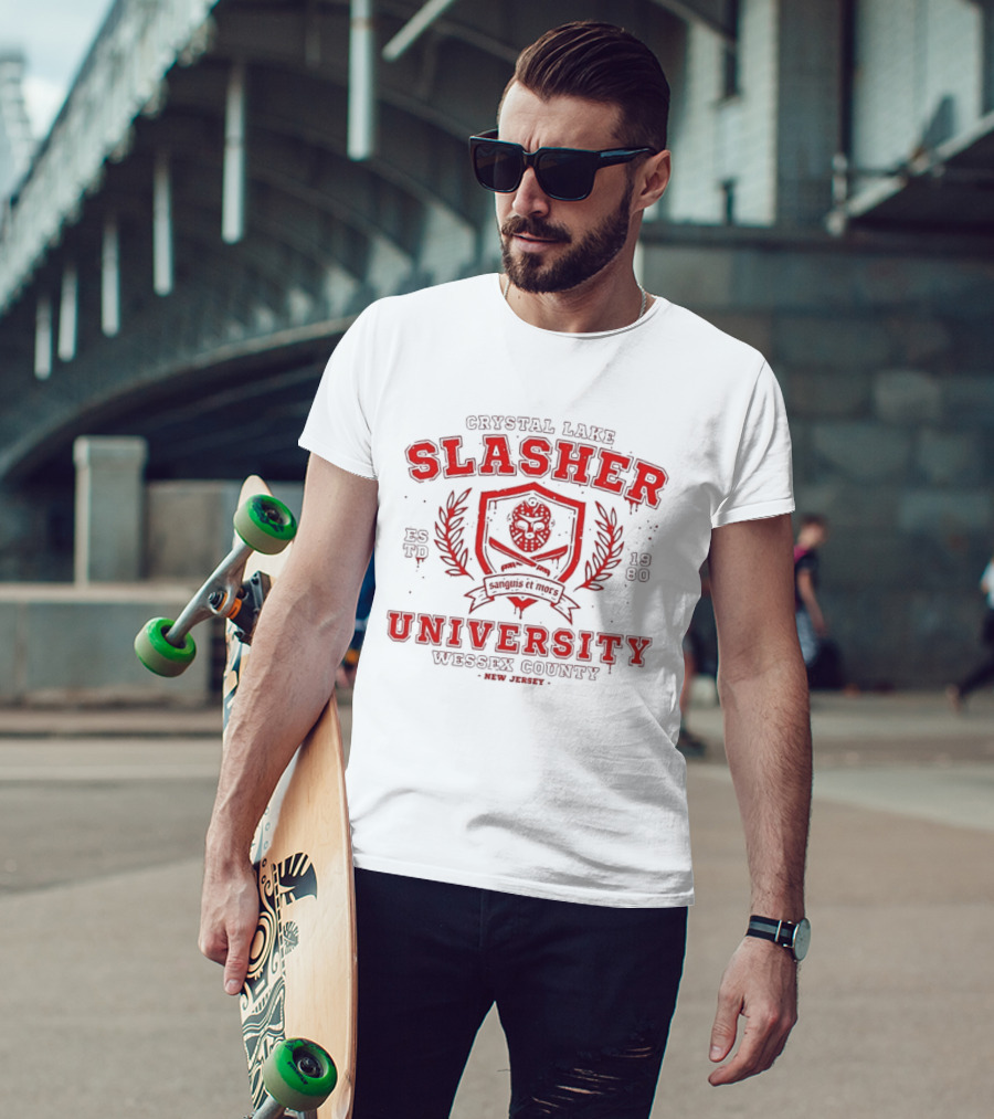 Crystal Lake Slasher University Estd 1980 Wessex County New Jersey Crest T-Shirt