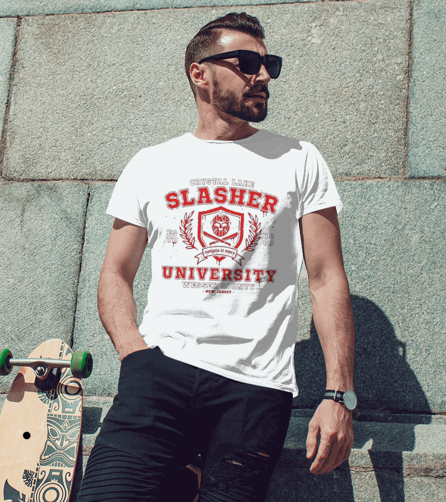 Crystal Lake Slasher University Estd 1980 Wessex County New Jersey Crest T-Shirt
