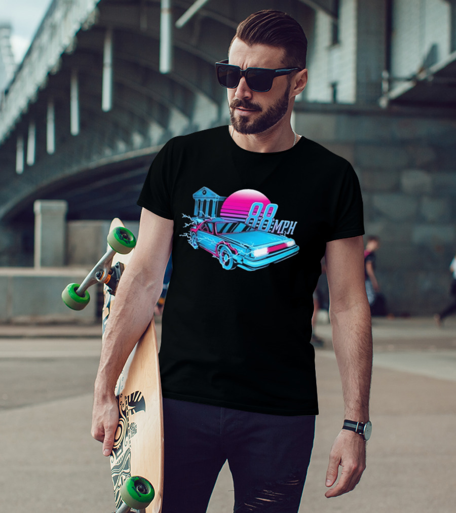 Back To The Future DeLorean 88 MPH Neon Style With Sunset And Tower T-Shirt