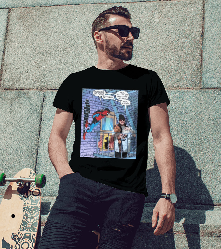 Spider Man Bret Hart Real Buttered Popcorn Balcony Scene T-Shirt