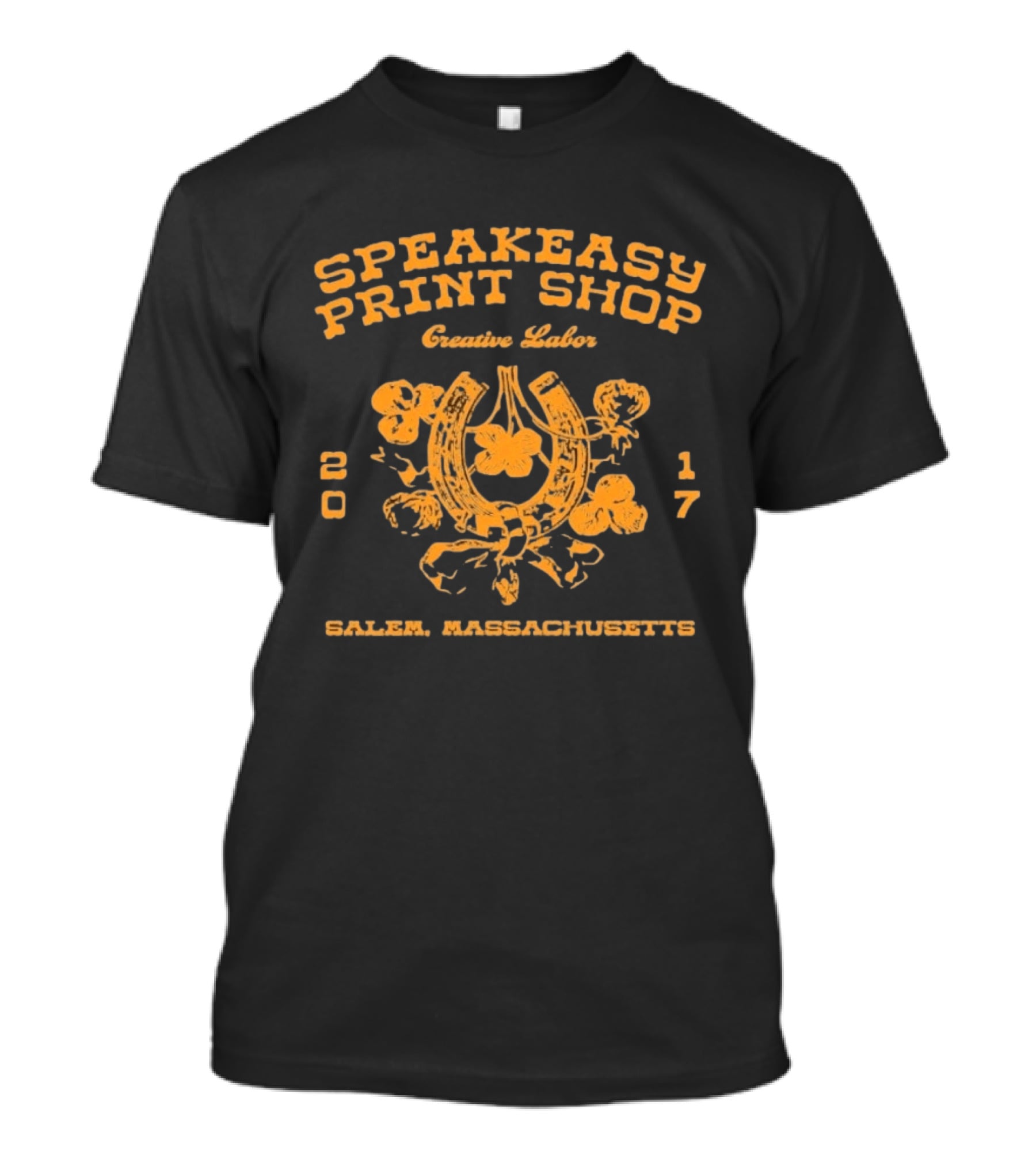 Speakeasy Print Shop Creative Labor Salem Massachusetts 2017 Horseshoe Floral T-Shirt