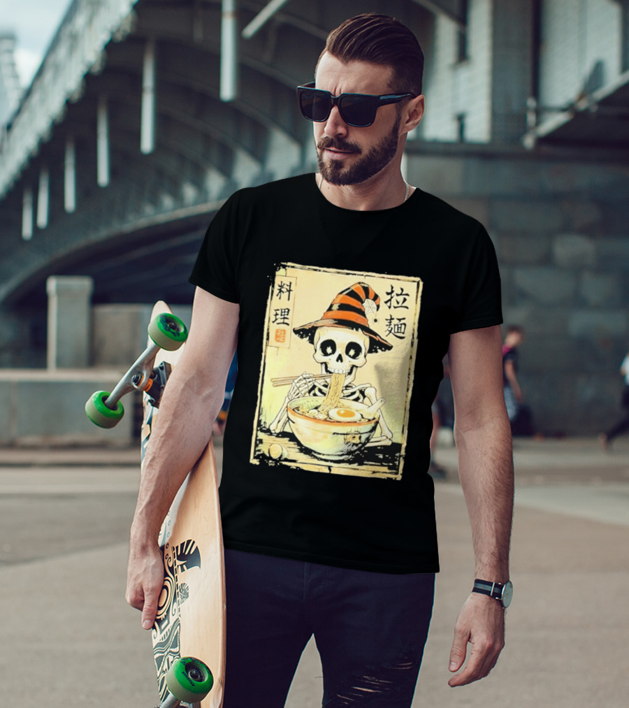 Witch Skeleton Eating Ramen With Japanese Kanji Characters T-Shirt