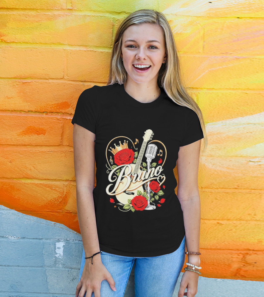 Bruno Rose Crown Guitar And Microphone With Music Notes T-Shirt