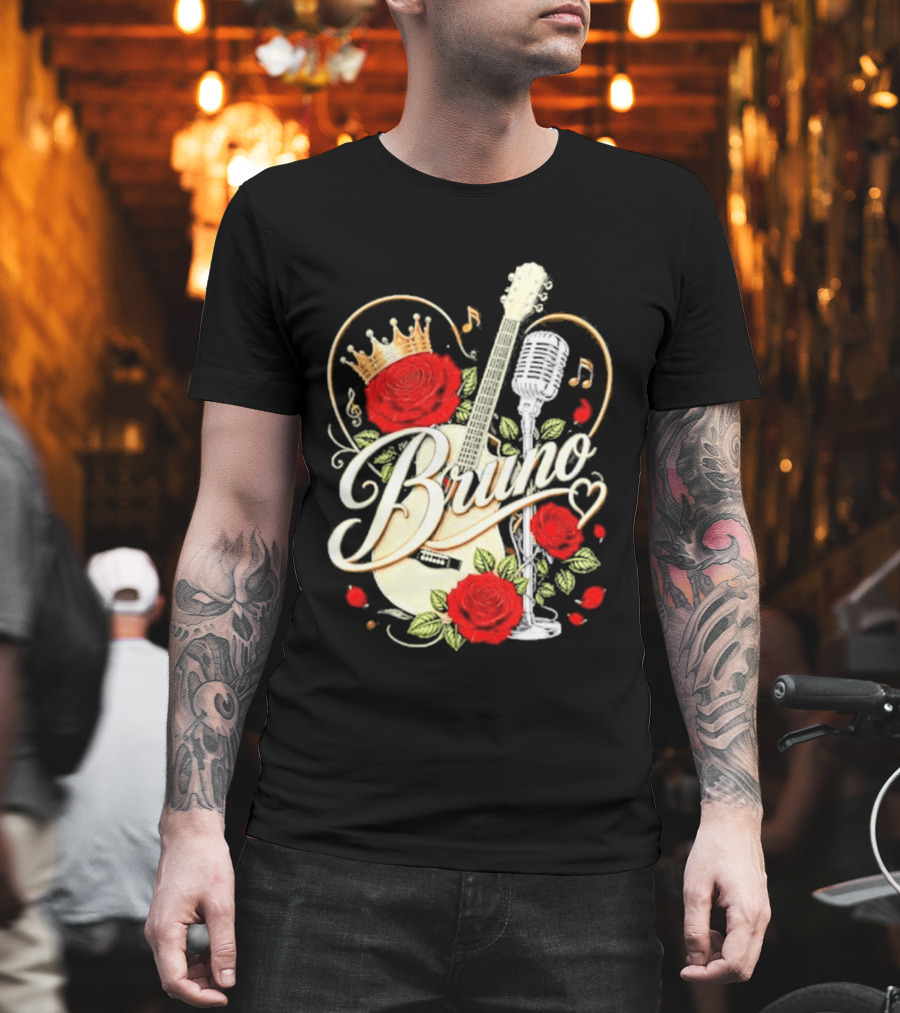 Bruno Rose Crown Guitar And Microphone With Music Notes T-Shirt