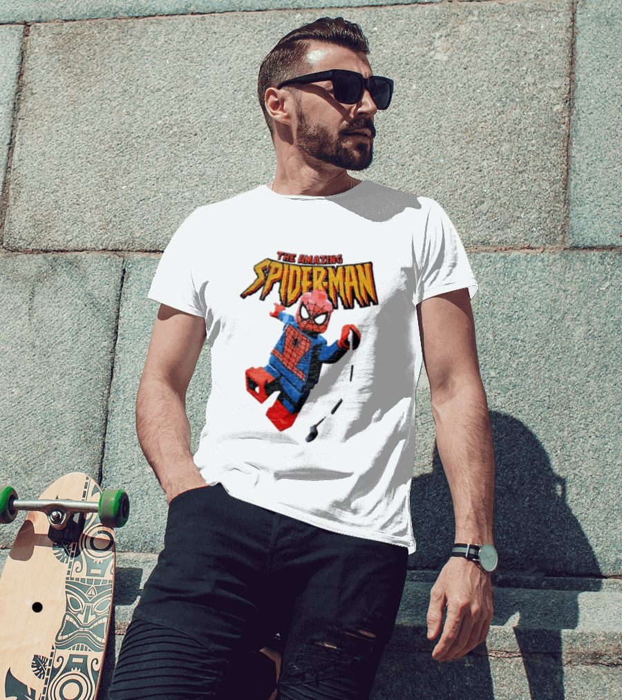 Spider Man The Amazing Lego Minifigure Swinging On Web Iconic Marvel Hero T-Shirt