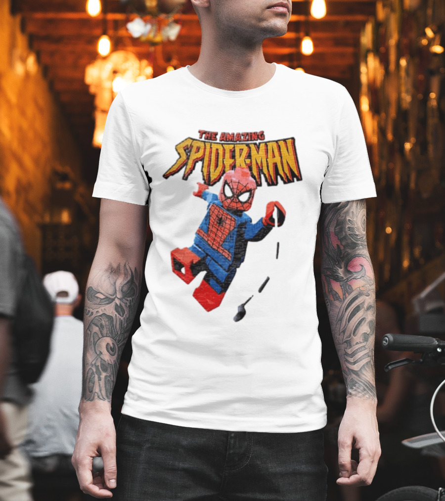 Spider Man The Amazing Lego Minifigure Swinging On Web Iconic Marvel Hero T-Shirt