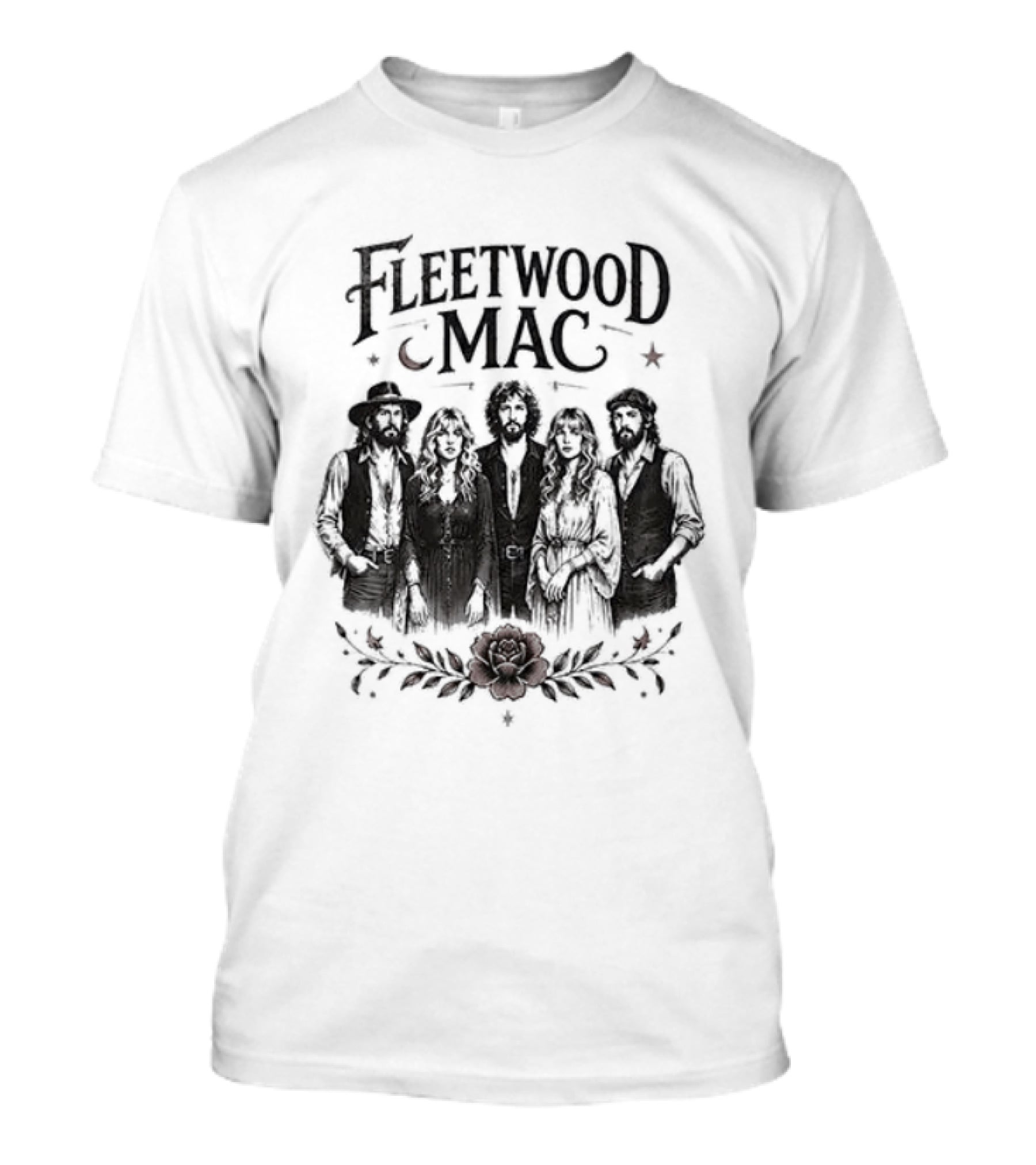 Fleetwood Mac Moonlit Harmony Silhouette With Crescent Moon And Floral Accents T-Shirt