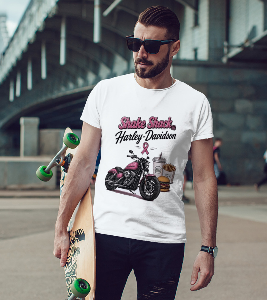 Shake Shack Harley Davidson Pink Ribbon Burger Fries Breast Cancer Awareness Month T-Shirt