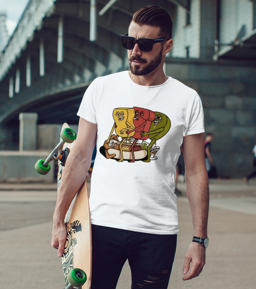 Hot Dog Topped With Mustard Ketchup And Relish Cartoon Characters T-Shirt