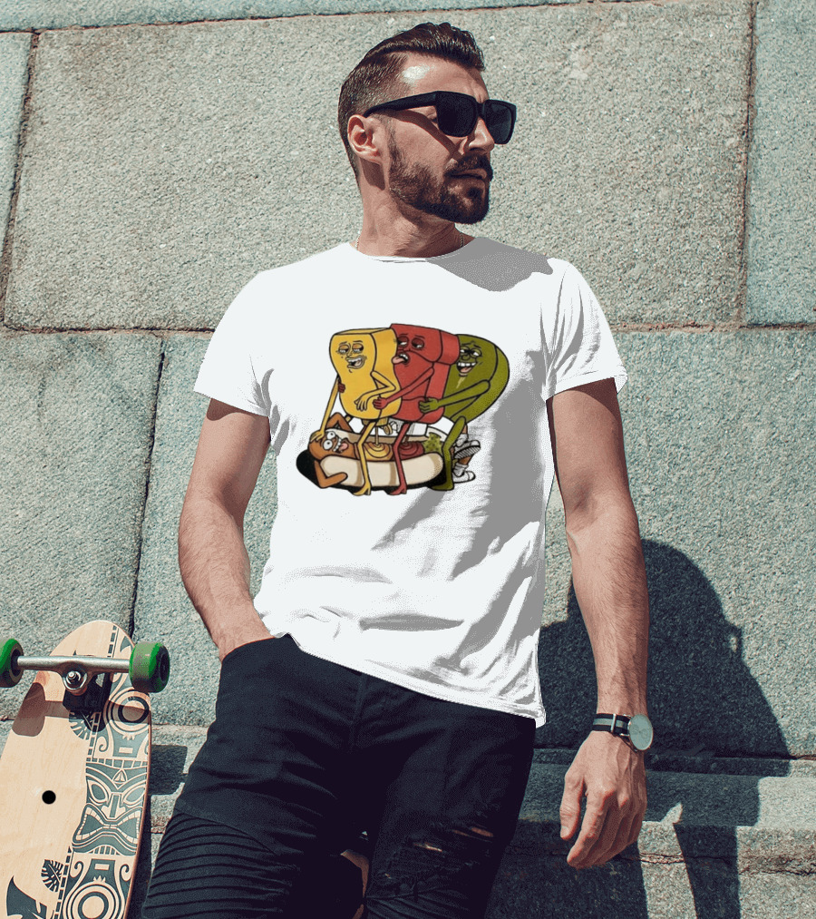 Hot Dog Topped With Mustard Ketchup And Relish Cartoon Characters T-Shirt