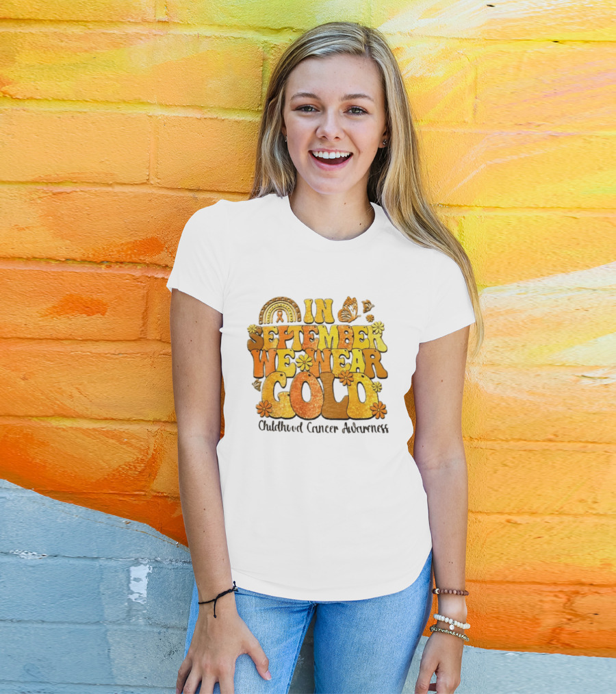 In September We Wear Gold Childhood Cancer Awareness Groovy Rainbow Butterfly Flower Motif T-Shirt