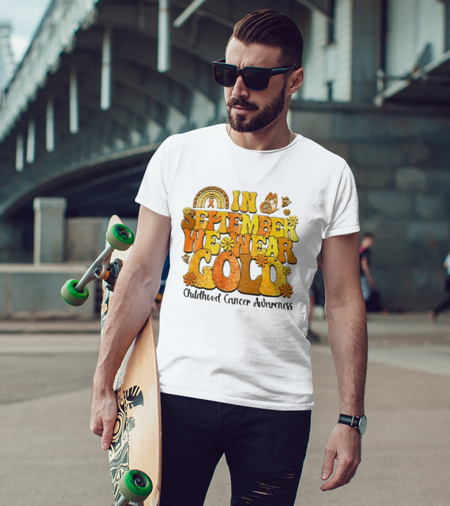 In September We Wear Gold Childhood Cancer Awareness Groovy Rainbow Butterfly Flower Motif T-Shirt