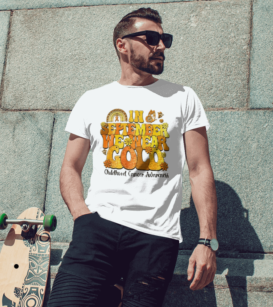 In September We Wear Gold Childhood Cancer Awareness Groovy Rainbow Butterfly Flower Motif T-Shirt