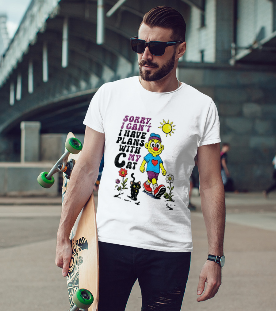 Sorry I Can't I Have Plans With My Cat Cartoon Yellow Figure Walking Sunflowers T-Shirt