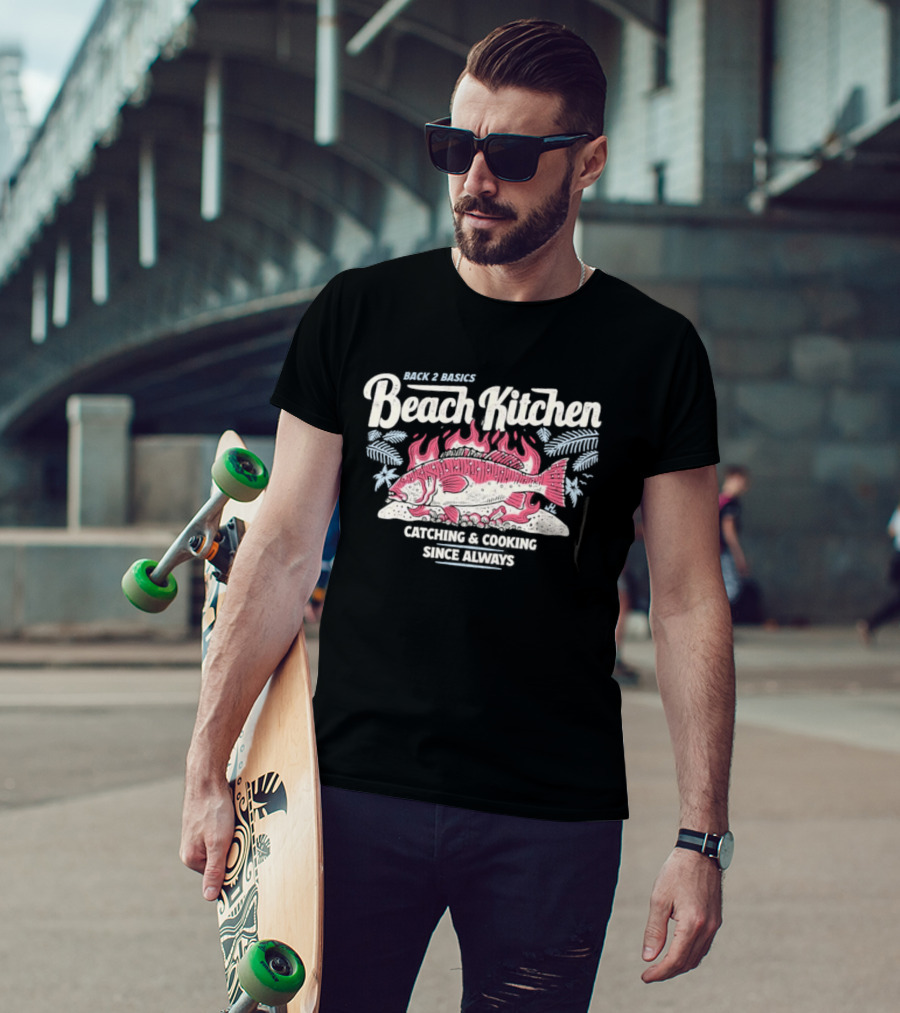 Back 2 Basics Beach Kitchen Catching Cooking Since Always Vintage Fish And Flames T-Shirt