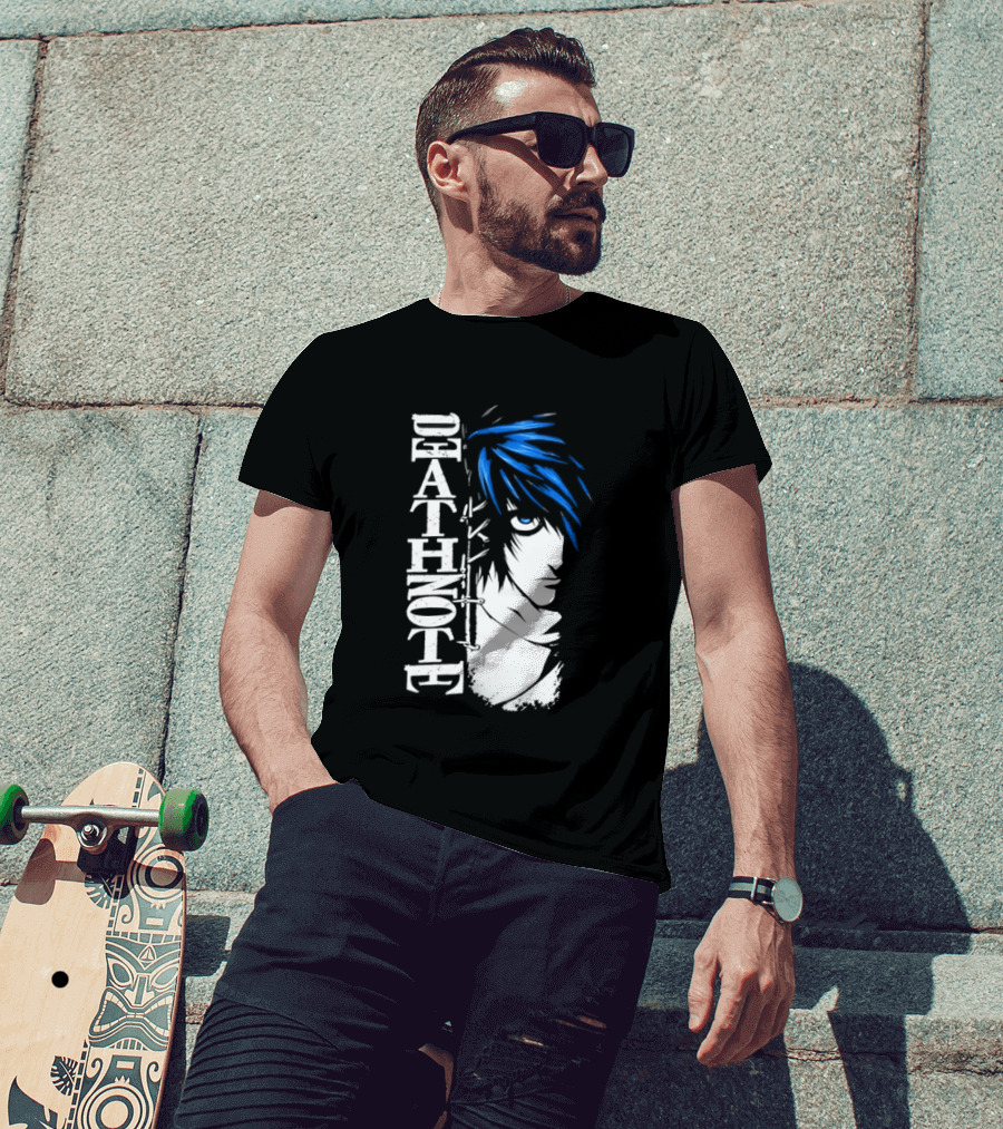 L From Death Note Distressed Anime Blue Hair White T-Shirt