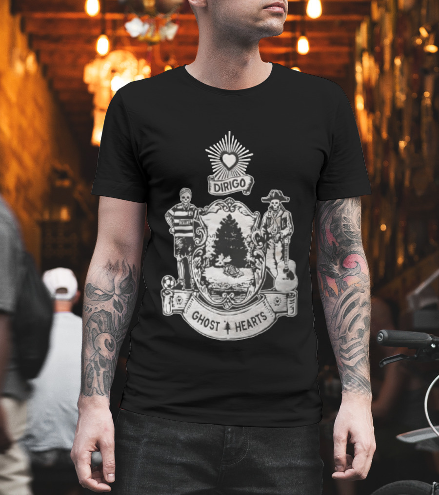 Dirigo Ghost Hearts Maine Crest With Skeleton Soccer And Guitar Players T-Shirt