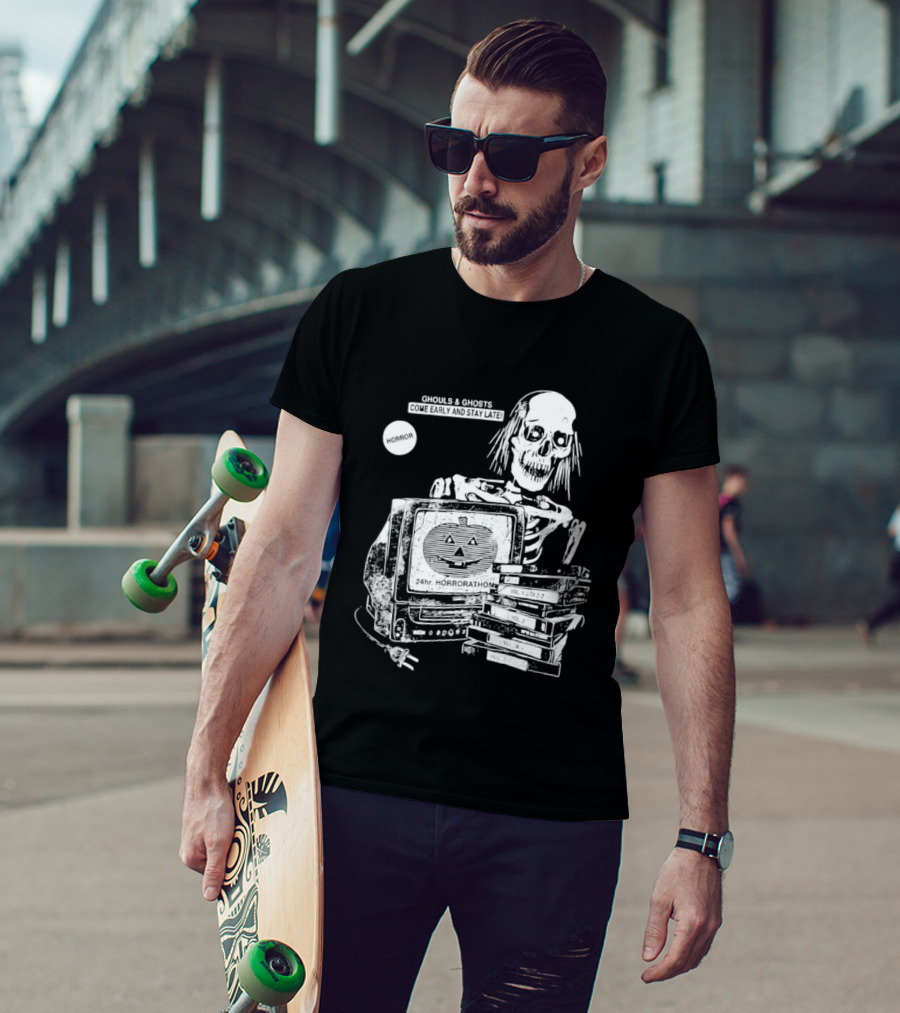 Ghouls And Ghosts 24hr Horrorathon Skeleton With TV And Pumpkin T-Shirt