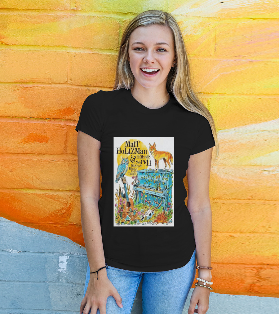 Matt Holtzman And Friends Live Music Event At Trails End Tavern September 11 Featuring Fox And Owl With Guitar And Piano Illustrations T-Shirt