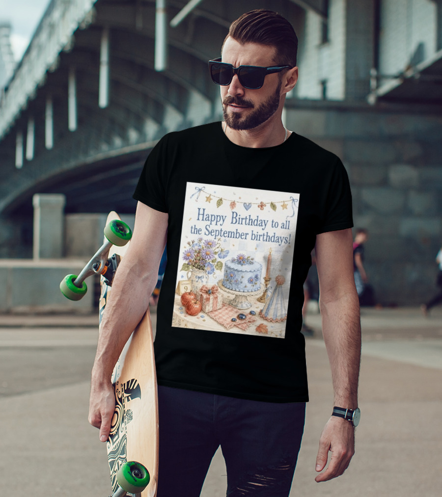 Happy Birthday To All The September Birthdays With Cake And Flowers Celebration T-Shirt